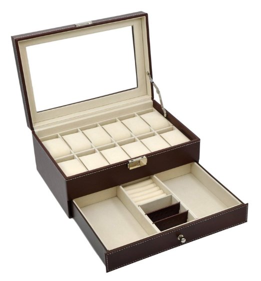 Autoark AW-003 Brown Leather 12 Mens Watch Box with Jewelry Display Drawer Lockable Watch Case Organizer