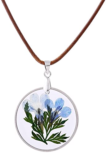 FM FM42 Pressed Blue Dried Flowers & Green Leaves Round Shape Pendant Necklace FN4004