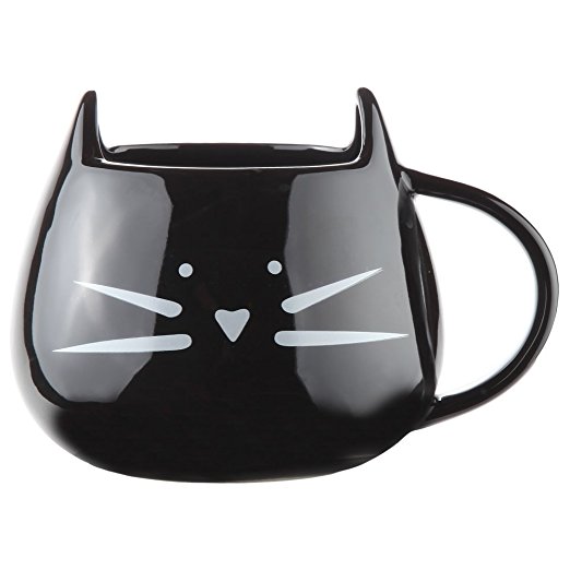 Home-X Ceramic Cat Coffee Mug. Black with White Face