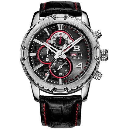 BUREI® Men's Chronograph Wrist Watches with Black Leather Strap and Black Dial