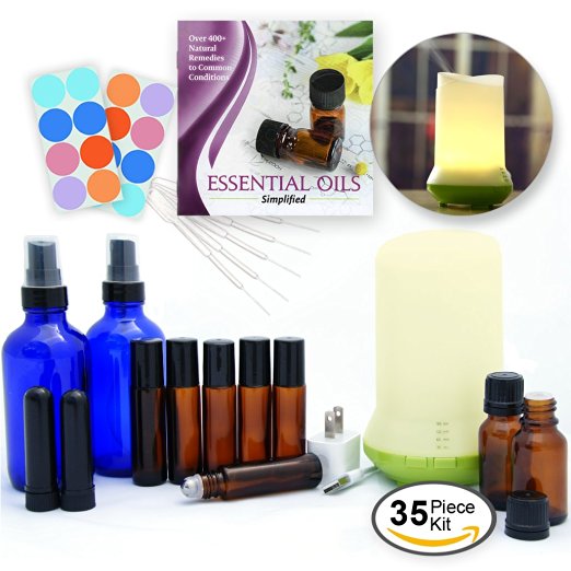 DIY Essential Oils Kit w/ Diffuser, 35-Piece Variety Set w/ Empty Bottles, Guide & Ultrasonic Mist Diffuser - great gift or starter set for blending, works w/ all essential oil lines for Aromatherapy