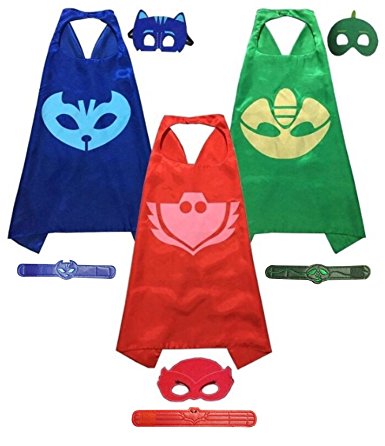 PJ Masks Set of 3 Capes with Masks and Leatherette Bracelets (Catboy, Owlette, Gekko)