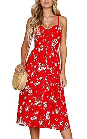 Angashion Women's Dresses-Summer Floral Bohemian Spaghetti Strap Button Down Swing Midi Dress with Pockets