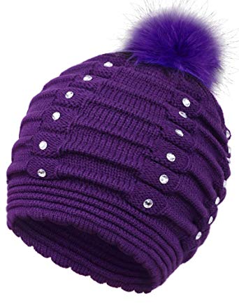 Arctic Paw Horizontal Cable Knit Beanie with Sequins and Faux Fur Pompom