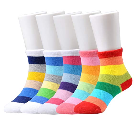 NovForth Little Kids Girls' Seamless Rainbow Stripes Crew Socks 5 Pack