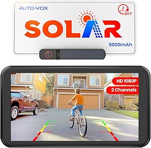 AUTO-VOX Solar Wireless Backup Camera with 5" 1080P Monitor: 5000mAh Battery 2 Mins DIY Installation & 2 Split Screen Back Up Camera, IP69K Waterproof Reverse Camera for Car, Van, SUV, Truck, Trailer