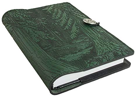 Genuine Leather Refillable Journal Cover with a Hardbound Blank Insert, 6x9 Inches, Forest, Green with a Pewter Button, Made in the USA by Oberon Design