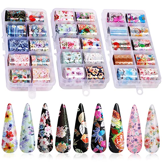 30 Color Nail Foil Transfer Sticker, Kissbuty Flower Nail Art Stickers Tips Wraps Foil Transfer Adhesive Glitters Acrylic DIY Nail Decoration, 3 Boxes (Flowers Starry Sky)