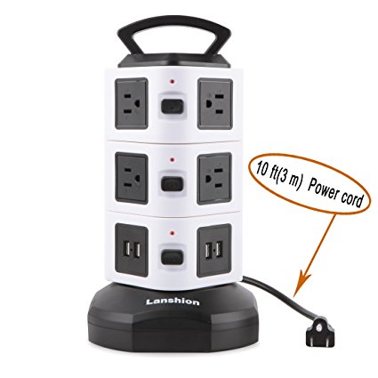 Power Strip, Lanshion 10-Outlet 4-USB 110-250V Worldwide Voltage Surge Protection Power Socket with 9.8 ft Retractable Cable Suitable for Home/Office (10outlet&4usb)