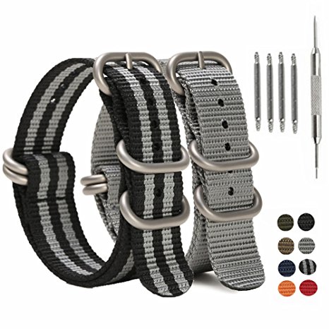 SIMCOLOR Zulu Replacement Watch Bands,2 Pack Nylon Strap with Heavy Duty Brushed Buckle 18mm 20mm 22mm or 24mm