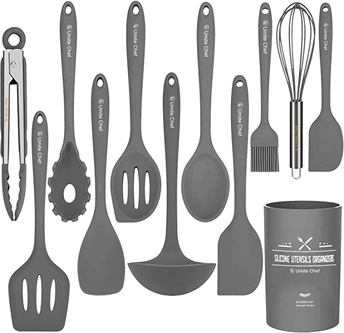 Silicone Kitchen Cooking Utensil Set, Umite Chef 12PCS Kitchen Utensils Spatula Set with Holder for Nonstick Cookware, BPA Free Non Toxic Cooking Gadgets Utensils Set, Kitchen Tools Gift(Gray)