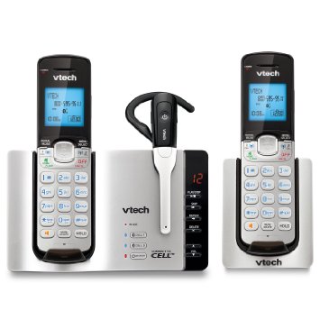 VTech DS6671-3 DECT 6.0 Expandable Cordless Phone with Bluetooth Connect to Cell and Answering System, Silver/Black with 2 Handsets and 1 Cordless Headset