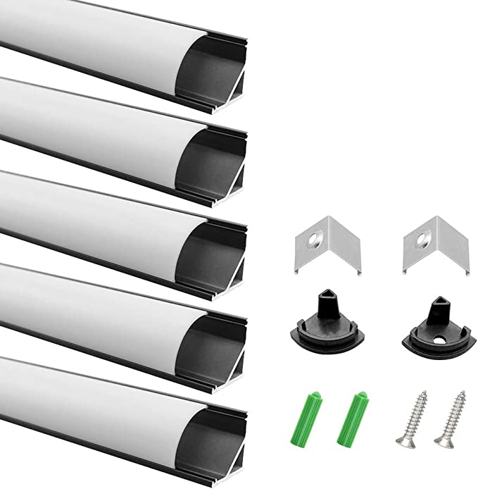 LightingWill 5-Pack LED Aluminum Profile in 3.3ft/1M Black 16x16mm V-Shape Curved Cover Aluminum Channel Internal Width 12mm Corner Mounting with End Caps and Mounting Clips Aluminum Profile-V02B5