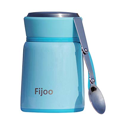 Best Stainless Steel Food Jar Soup Thermos with Folding Spoon - Fijoo Triple Wall Vacuum Insulated Hot & Cold Storage, Silicone Carry Strap, Food Grade, Unbreakable, Leak Proof, BPA Free 16 oz (Blue)