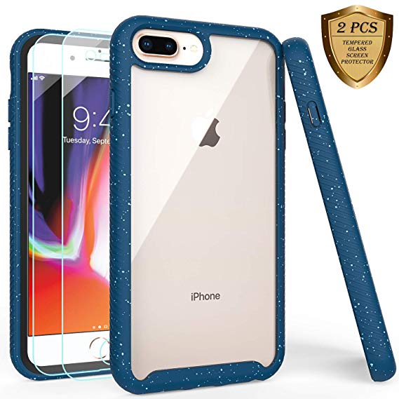 iPhone 7 Plus Case,iPhone 8 Plus Case with Tempered Glass Screen Protector [2 Pack],LUCKYCAT Shockproof Clear Multicolor Series Bumper Cover for 5.5 Inch Apple iPhone 6/6s/7/8 Plus-Navy