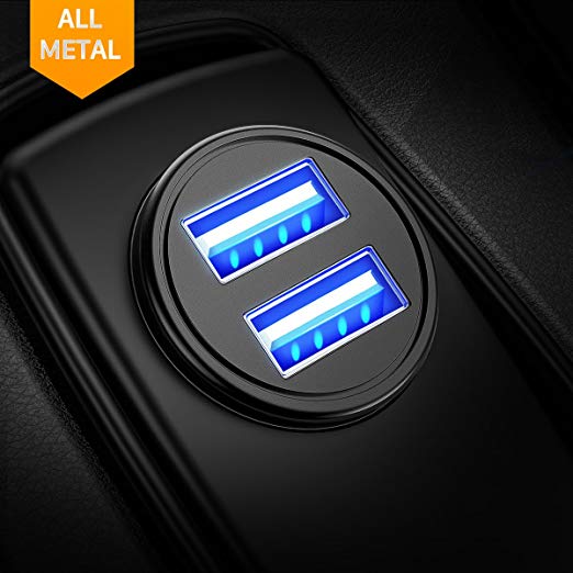 Car Charger, Ainope 4.8A Aluminum Alloy Car Charger Adapter Dual USB Port Fast Car Charging Mini Flush Fit Compatible Phone x/8/7/6s, iPad Air 2/Mini 3, Samsung Note9/ Galaxy S9/ S9 Plus/S8 - Black