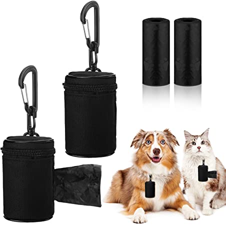 2 Pieces Dog Waste Bag Dispenser Waterproof Dog Poop Holder Leash Attachment for Leash Belt with 2 Rolls of Dog Bags (Black)