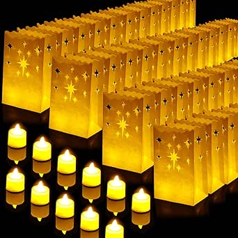 50 Set Luminary Paper Bags with Flameless Tea Lights, Christmas LED Tea Light Flameless Candle with Luminaries Candle Bag for Birthday Wedding Halloween Christmas Thanksgiving Party Decor (Firework)