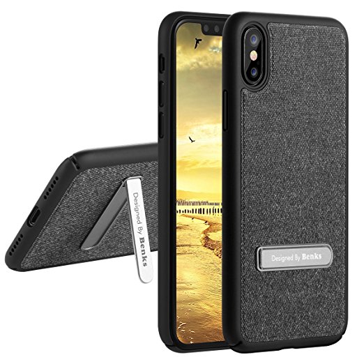 iPhone X/ 10 Protective Case Cover with Holder Stand [Support Wireless Charging] Benks 1.8mm Ultra Thin Slim Durable Denim   PC Frame Bumper Skin for iPhone10 (Black for iPhoneX, 5.8-Inch)