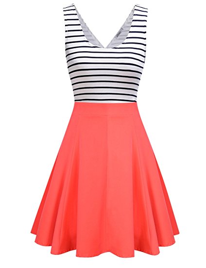 MISSKY Women's Striped Long Sleeve Scoop Neck and V Neck Swing Mini Cocktail Dress