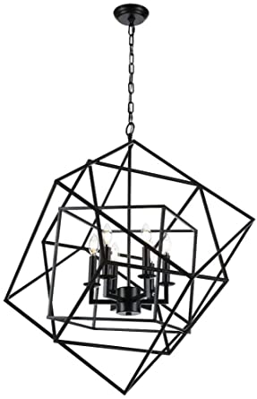 Caged Cubist Pendant Metron Chandelier 6 Light Multifaceted Frame Interlock (Black)