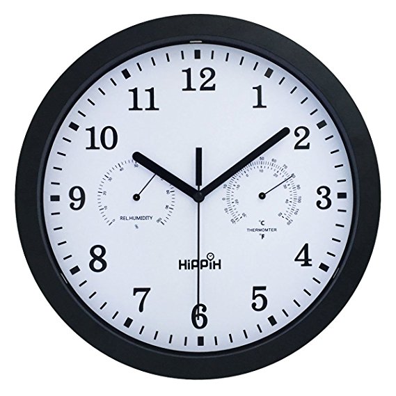 Hippih Silent Wall Clock 12 Inch Non-ticking Battery Operated Round Clock Temperature and Humidity Display - Easy To Read for Home/Office/School