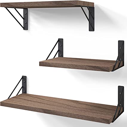 BAYKA Wall Shelves for Bedroom Decor, Floating Wall Shelves for Living Room Kitchen Storage, Wall Mounted Rustic Wood Floating Shelves for Kids Books, Small Shelf for Bathroom(Mahogany，Set of 3)