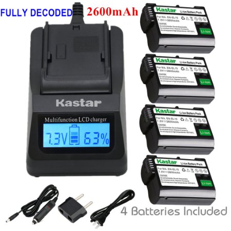 Kastar Ultra Fast Charger Kit and EN-EL15 Battery (4-Pack) for Nikon ENEL15, MH-25 work with Nikon DSLR D750 D7100, D7000, D800E, D800, D610, D600, NIKON 1 V1 Cameras