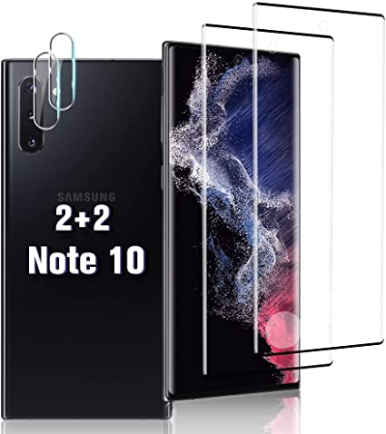 [2 2 Pack ] Galaxy Note 10 Screen Protector with Camera Lens Protector,9H Tempered Glass,Support Fingerprint Unlock,3D Curved, Anti Scratch, HD Bubble Free,for Samsung Galaxy Note 10 (6.3")