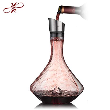 YouYah Red Wine Carafe Wine Decanter With Built-in-Aerator, Stainless Steel Pourer Lid, Filter, 100% Hand Blown Lead-free Crystal Glass (All New Packing)