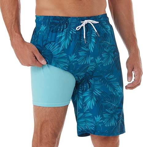 BRISIRA Mens Swim Trunks 9 Inch Inseam Board Shorts with Compression Liner Swimsuit Bathing Suit Quick Dry Cargo Pocket