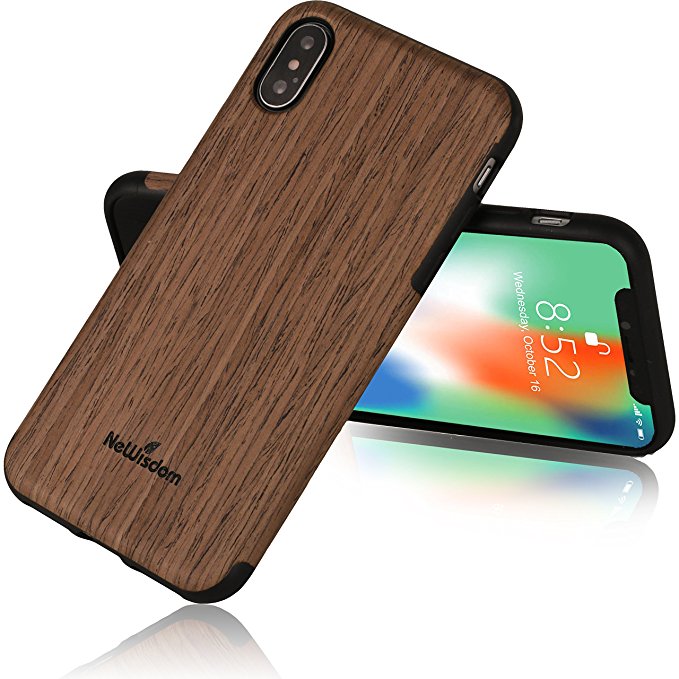 NeWisdom iPhone X Case Wood [Suitable for Wireless Charging] Soft Wood Slim Bumper Scratch Resistant Grip Ultra Light TPU Snap Back Cover with Rubber Corner for Apple iPhone X - blackrose