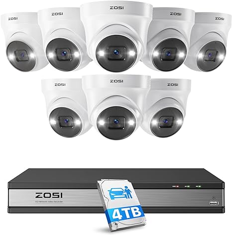 ZOSI 16CH 4K PoE Home Security Camera System with Person Vehicle Detection,8pcs 5MP Indoor Outdoor PoE IP Cameras,2-Way Audio,Color Night Vision,16CH 4K NVR Recorder with 4TB HDD for 24/7 Recording