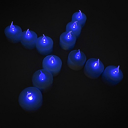 12-Packs Blue, LED Plastic Tea Tealight Candles Lamp Flameless Shine Anniversary Wedding Party Restaurant Atmosphere Decoration Battery Operated