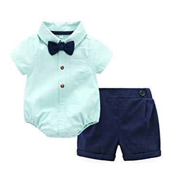 Tem Doger Baby Boys Casual Suit Cotton Short Sleeve Striped Button Down Bowtie Shirt Short Pant Clothes Set Outfit