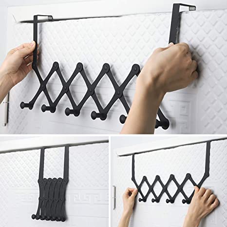 Over The Door Hook Hanger, Expandable Heavy-Duty Organizer Rack for Coats, Hoodies, Hats, Scarves, Leashes, Bath Towels,Towel, Bag, Robe - 6 Peg Hooks, Stainless Steel (Black - 6 Hook)