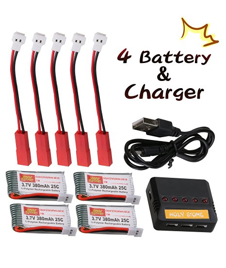 DEERC 4 PCS 3.7v 380mAh F180C H107 HS170 25C LiPo Quadcopter Batteries To Increase Flight Time(36 Min) ,With 5 In 1 Max 2.5A Current Fast Quadcopter Battery Charger