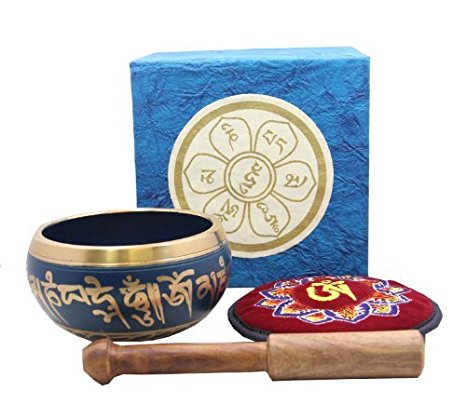 DharmaObjects Tibetan Yoga Meditation Om Mani Padme Hum Singing Bowl /Rosewood Mallet / Velvet Cushion / Box Gift Set