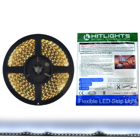 HitLights High Density Premium UL-Listed LED Light Strip - Cool White 5000K SMD 3528 - 600 LEDs, 16.4 Ft Roll - 12V DC - 164 Lumens / 3 Watts per Foot - Indoor IP-30 - Adhesive Backed for Easy Installation - LED Tape Light