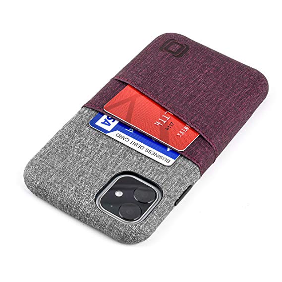 Dockem Luxe M2 Card Case for iPhone 11 (6.1): Built-in Invisible Metal Plate, Designed for Magnetic Mounting: Slim Canvas Style Synthetic Leather Wallet Case (Maroon & Grey)