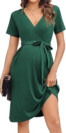 Ekouaer Women Short Sleeve Maternity Nursing Dress Casual V Neck Breastfeeding Loungewear Ribbed Knit Pregnancy Dresses S-XXL