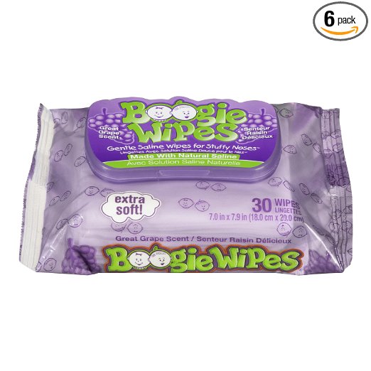 Boogie Wipes Natural Saline Kids and Baby Nose Wipes for Cold and Flu, Grape Scent, 30 Count (Pack of 6)