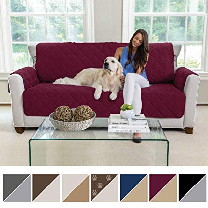MIGHTY MONKEY Premium Reversible Sofa Slipcover, Seat Width to 70" Furniture Protector, 2" Elastic Strap, Washable Couch Slip Cover, Covers Protect Sofas from Kids, Dogs, Cats (Sofa: Merlot/Sand)