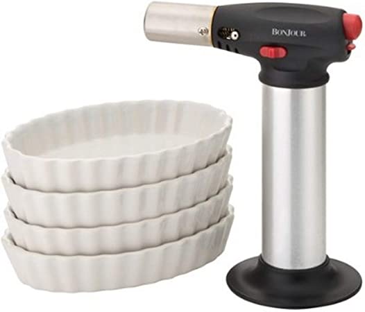BonJour Crème Brûlée Set Deluxe with Culinary Torch and 4 Oval Ramekins