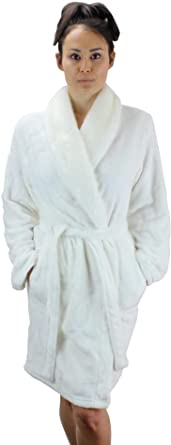 Women's Warm Fleece Robe with Faux Fur Collar Arabesque Pattern - Plush Super Soft Short Bath Robe