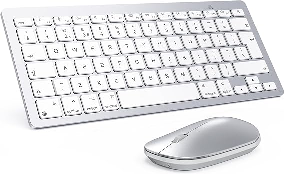 Bluetooth Keyboard and Mouse Set for Mac, OMOTON Ultra-Slim Wireless Keyboard and Mouse Combo for Apple Mac, MacBook Pro/Air, iMac, Mac Mini,Battery-powered, QWERTY UK Layout, Silver