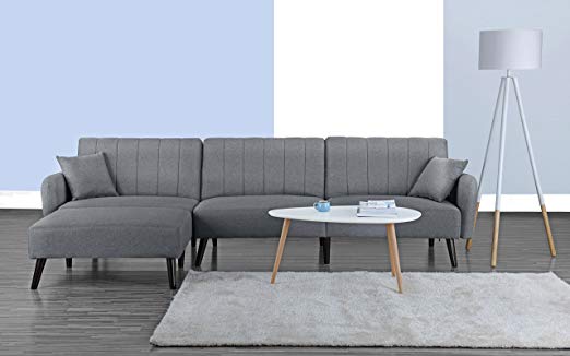 Divano Roma Furniture Mid Century Modern Style Linen Fabric Sleeper Futon Sofa, Living Room L Shape Sectional Couch with Reclining Backrest and Chaise Lounge (Light Grey)