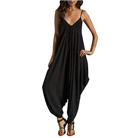 Ladies Baggy Harem Jumpsuit Romper Sleeveless All in One V-Neck Cami Playsuit Lagenlook Dress Loose Strappy Playsuit