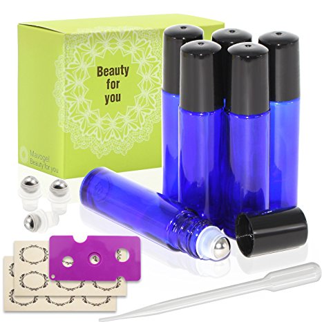 6, 10ml Cobalt Blue Glass Roller Bottles With Stainless Steel Roller Ball for Essential Oil by Mavogel - Include 3 Extra Roller ball, 12 Pieces Labels, Essential Oils Opener, 3ml Dropper