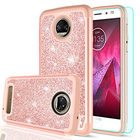 Moto Z2 Force Case with HD Screen Protector for Girls Women,LeYi Luxury Glitter Bling Cute Design [PC Silicone Leather] Dual Layer Protective Phone Case for Motorola Z2 Force Droid(2017) TP Rose Gold